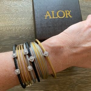 Alor and Charriol diamond cable bracelet stack